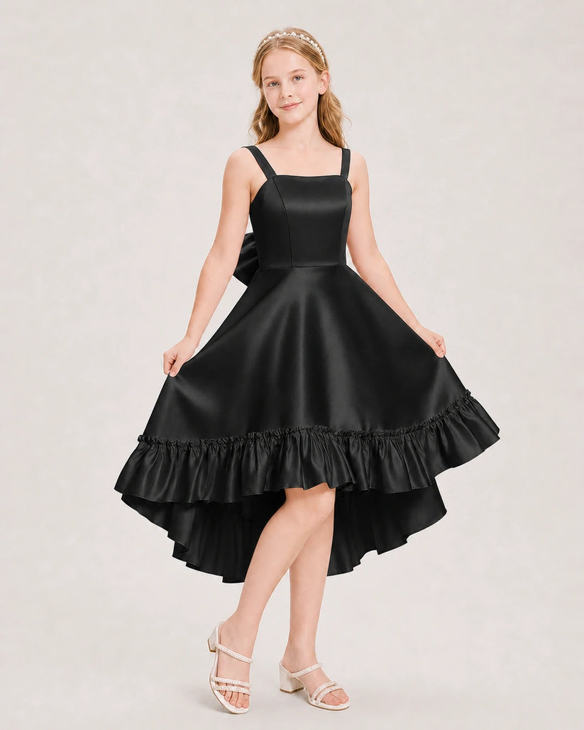 Black satin high-low junior bridesmaid dress