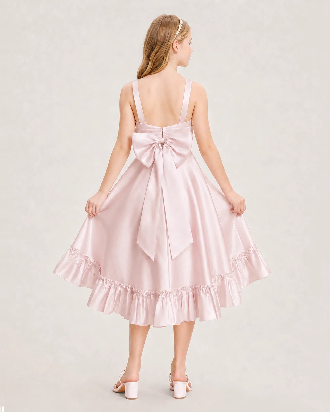 Dideyttawl Satin High-Low Junior Bridesmaid Dress with Bow