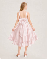 Blush Pink Satin Ruffled Bow Junior Bridesmaid Dresses Back View