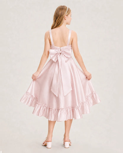 Dideyttawl Satin High-Low Junior Bridesmaid Dress with Bow
