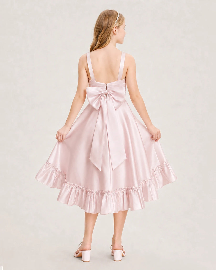 Blush Pink Satin Ruffled Bow Junior Bridesmaid Dresses Back View