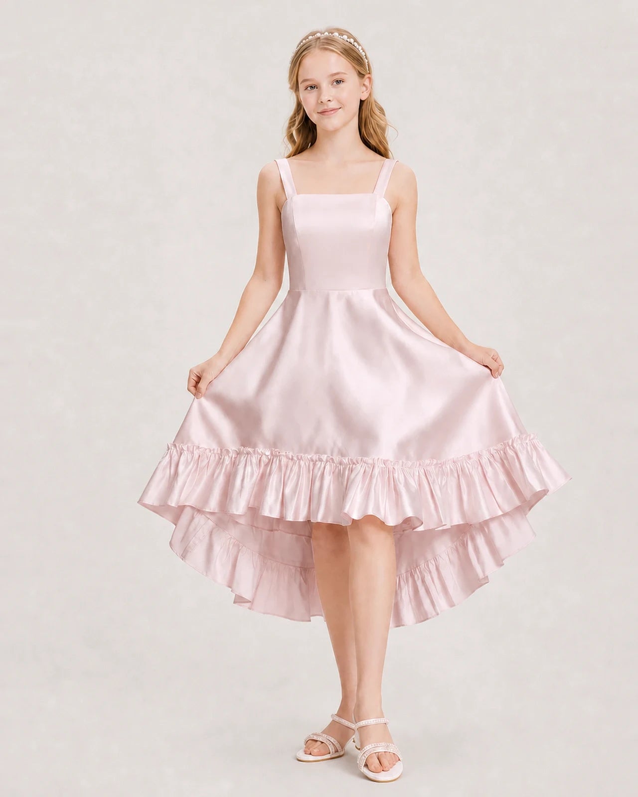 Dideyttawl Satin High-Low Junior Bridesmaid Dress with Bow