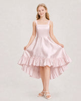 Blush Pink Satin High-Low Junior Bridesmaid Dresses Front View