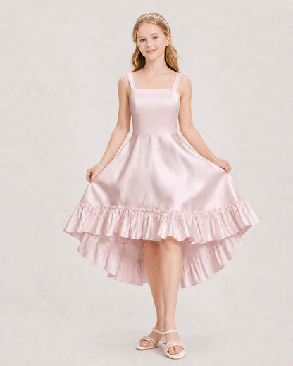 Dideyttawl Satin High-Low Junior Bridesmaid Dress with Bow