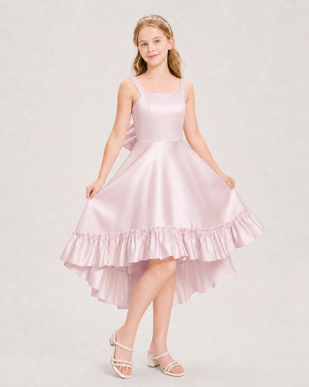 Dideyttawl Satin High-Low Junior Bridesmaid Dress with Bow