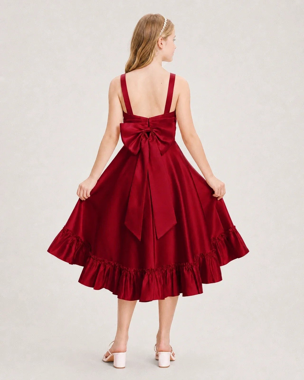 Dideyttawl Satin High-Low Junior Bridesmaid Dress with Bow