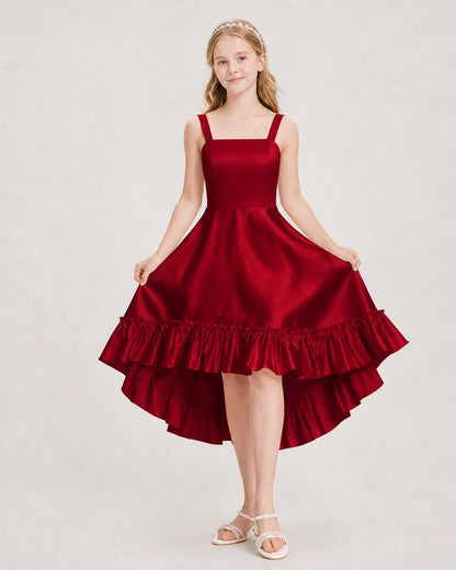 Dideyttawl Satin High-Low Junior Bridesmaid Dress with Bow