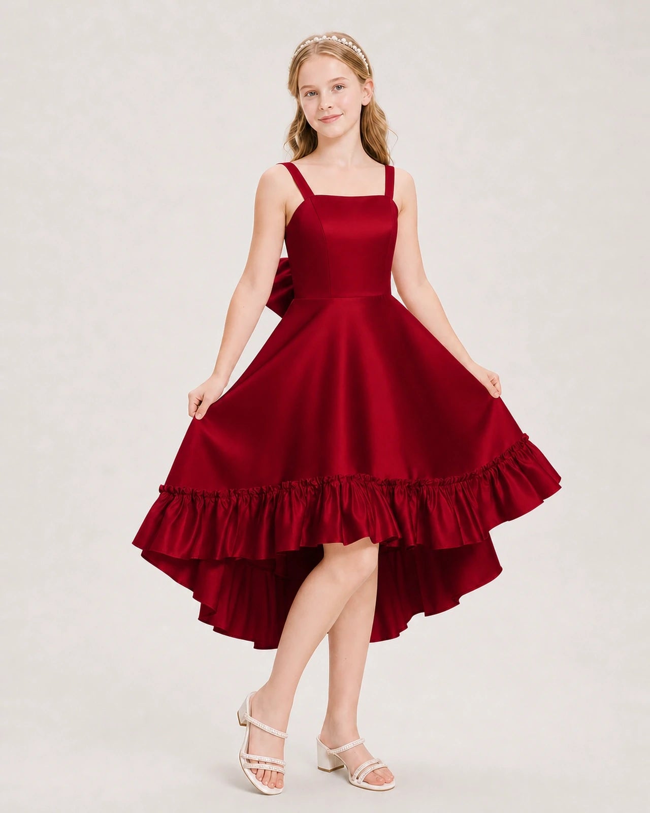 Dideyttawl Satin High-Low Junior Bridesmaid Dress with Bow