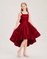 Burgundy Satin High-Low Junior Bridesmaid Dresses