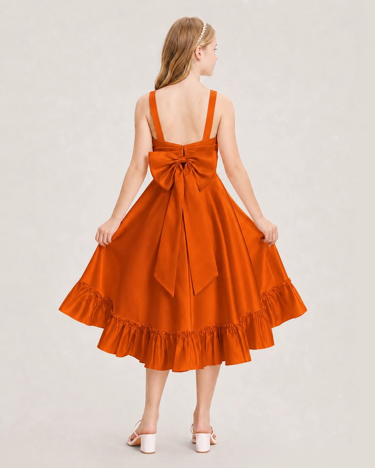 Dideyttawl Satin High-Low Junior Bridesmaid Dress with Bow
