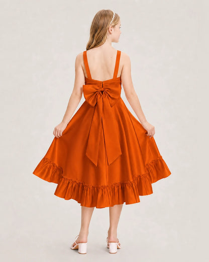 Dideyttawl Satin High-Low Junior Bridesmaid Dress with Bow