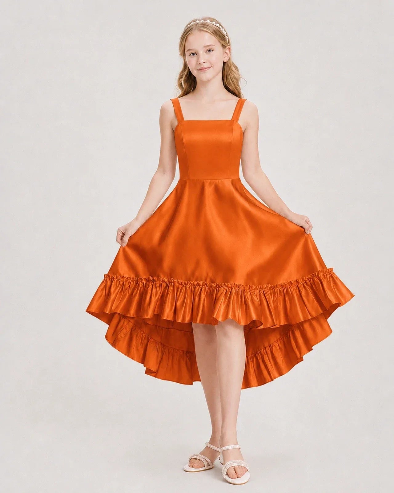 Dideyttawl Satin High-Low Junior Bridesmaid Dress with Bow