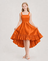 Burnt orange satin square neck high-low junior bridesmaid dress Front View