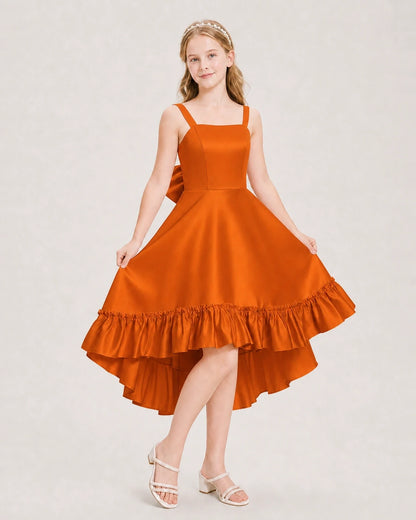 Dideyttawl Satin High-Low Junior Bridesmaid Dress with Bow