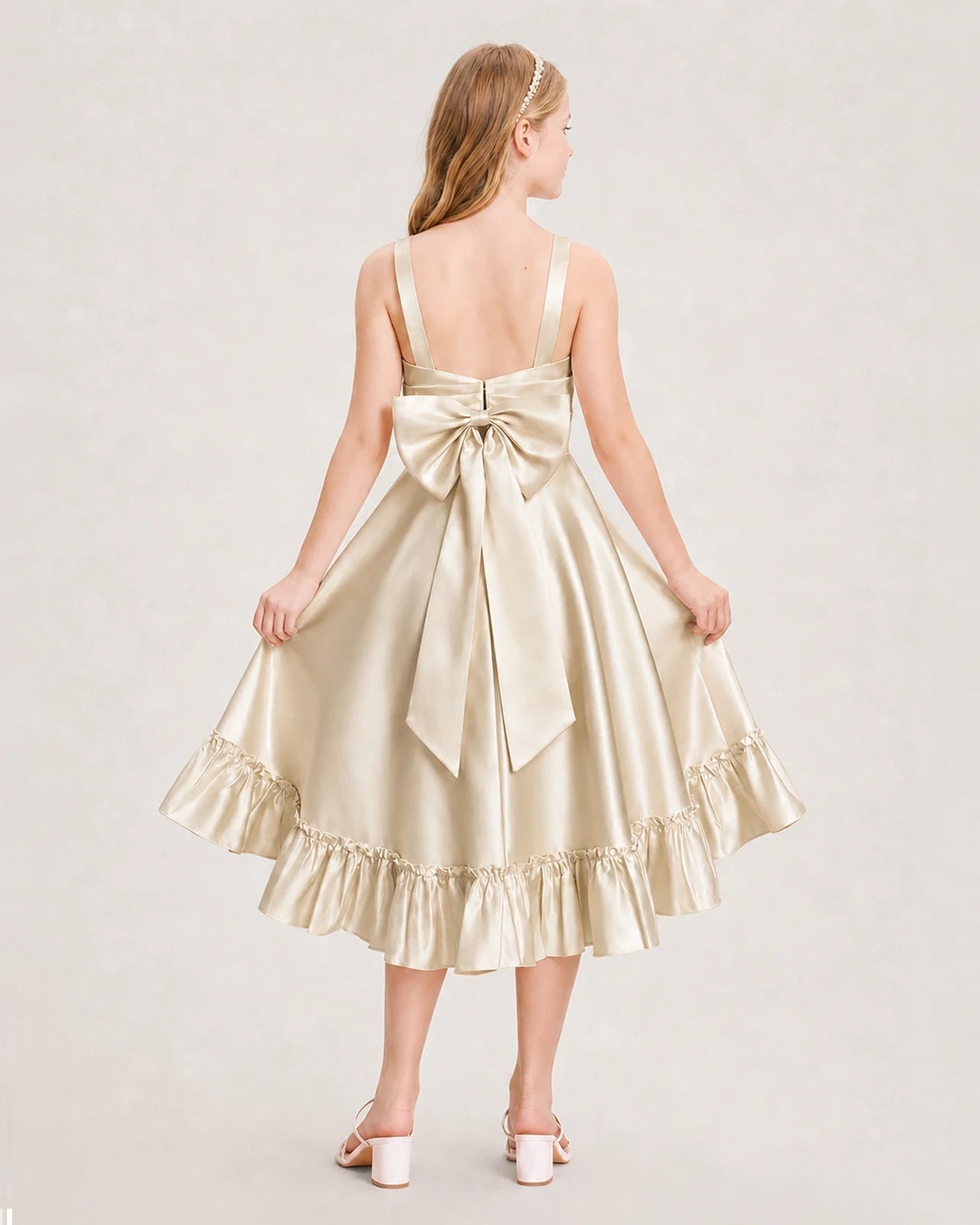 Dideyttawl Satin High-Low Junior Bridesmaid Dress with Bow