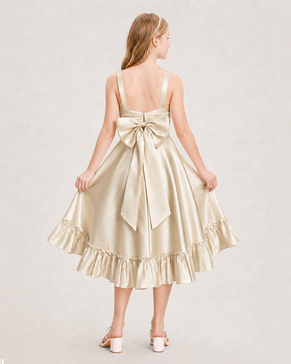 Dideyttawl Satin High-Low Junior Bridesmaid Dress with Bow