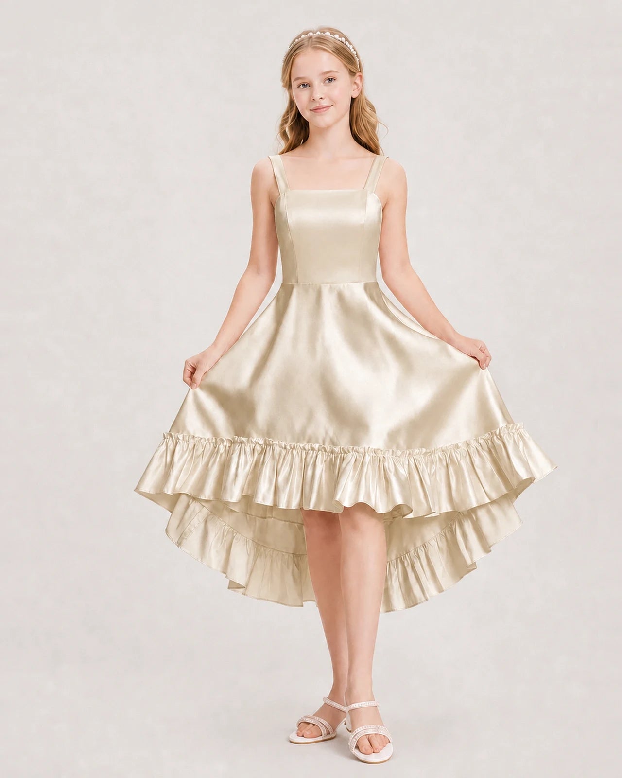 Dideyttawl Satin High-Low Junior Bridesmaid Dress with Bow