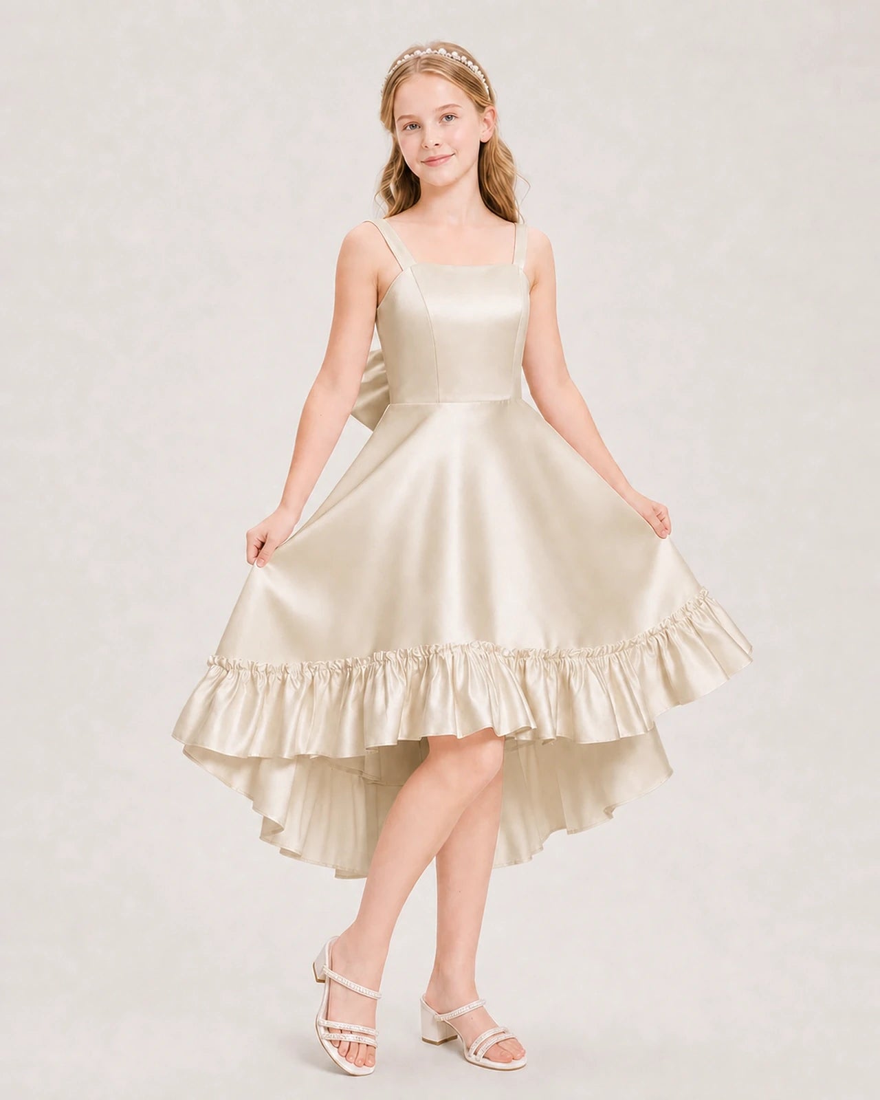 Dideyttawl Satin High-Low Junior Bridesmaid Dress with Bow