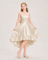Champagne Satin High-Low Junior Bridesmaid Dresses Front View