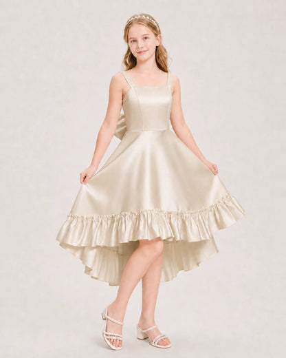 Dideyttawl Satin High-Low Junior Bridesmaid Dress with Bow