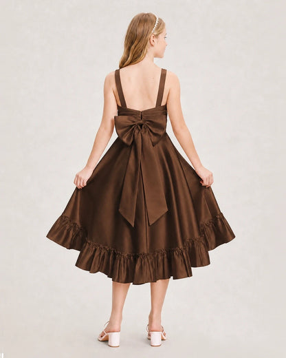 Dideyttawl Satin High-Low Junior Bridesmaid Dress with Bow