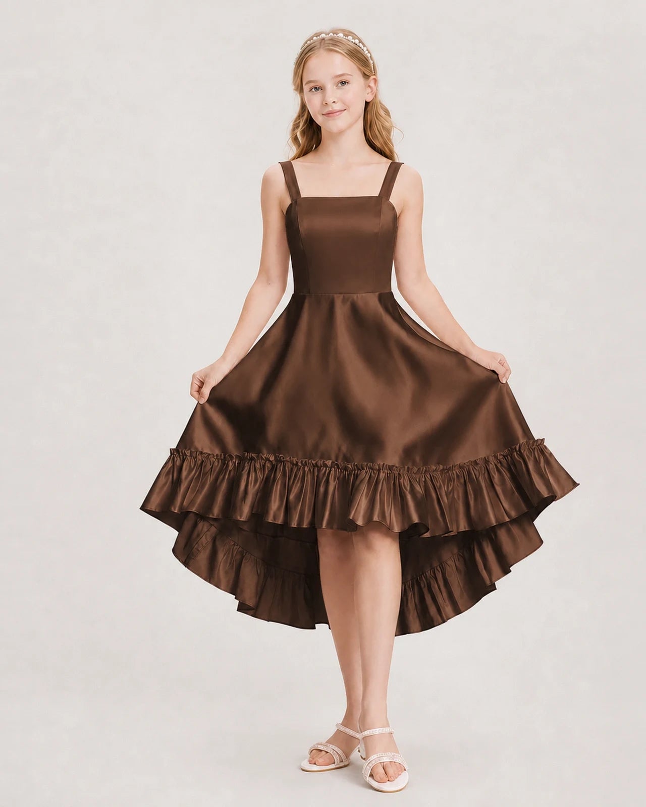 Dideyttawl Satin High-Low Junior Bridesmaid Dress with Bow
