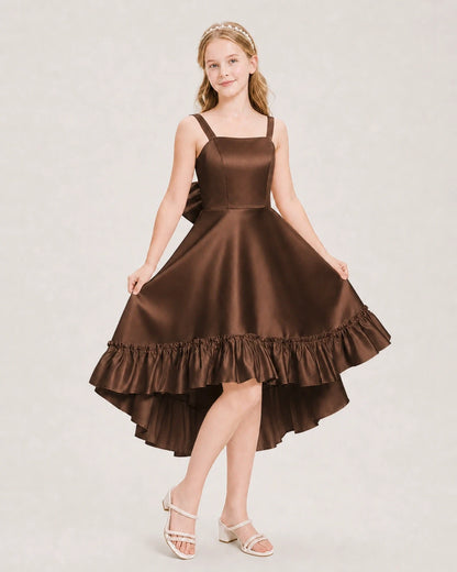 Dideyttawl Satin High-Low Junior Bridesmaid Dress with Bow