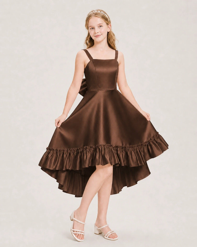 Chocolate Satin Ruffled High Low Junior Bridesmaid Dresses