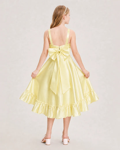 Dideyttawl Satin High-Low Junior Bridesmaid Dress with Bow