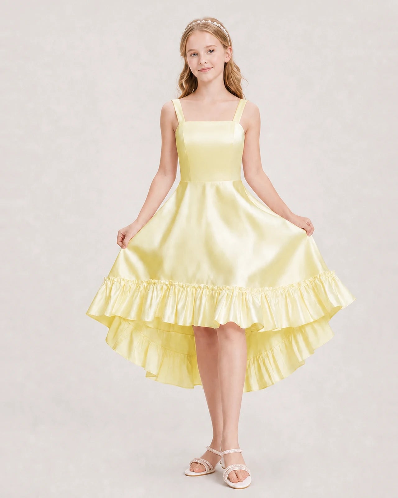 Dideyttawl Satin High-Low Junior Bridesmaid Dress with Bow
