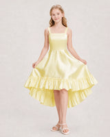 Daffodil Satin Ruffled High Low Junior Bridesmaid Dresses Front View