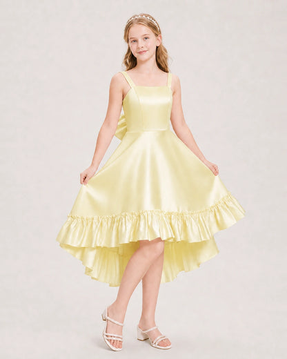 Dideyttawl Satin High-Low Junior Bridesmaid Dress with Bow
