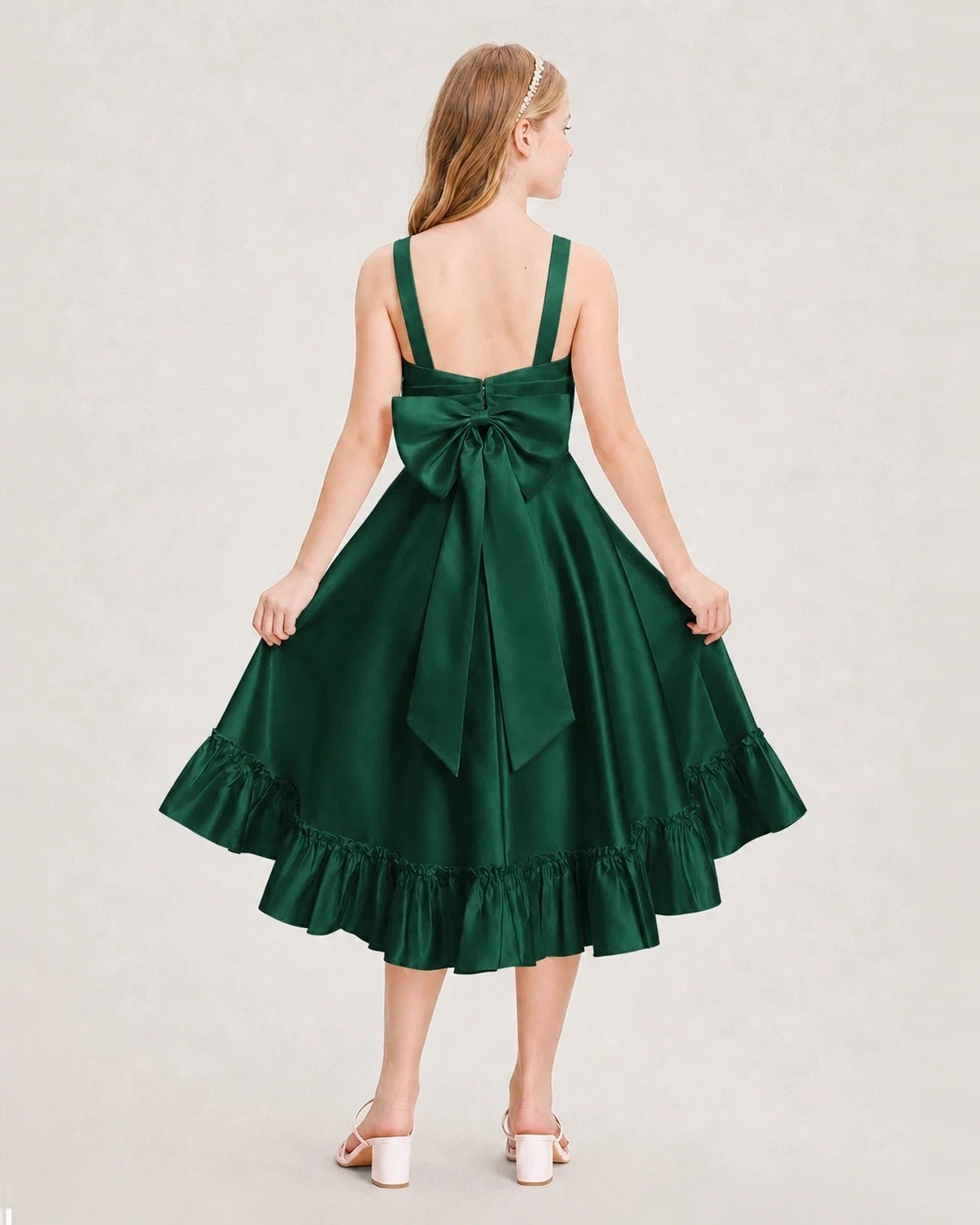 Dideyttawl Satin High-Low Junior Bridesmaid Dress with Bow