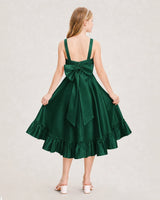 Dark Green Satin Bow A-Line Junior Bridesmaid Dresses Back View