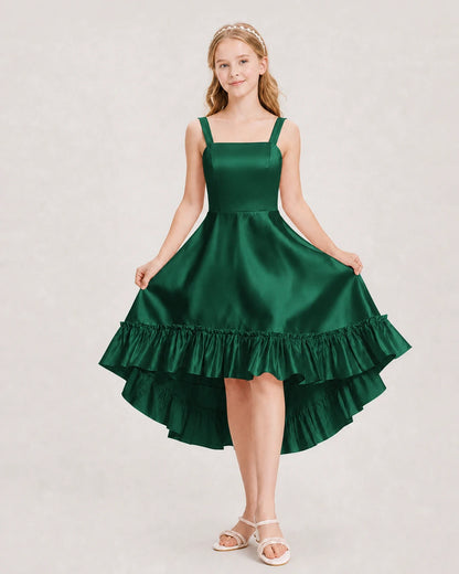 Dideyttawl Satin High-Low Junior Bridesmaid Dress with Bow