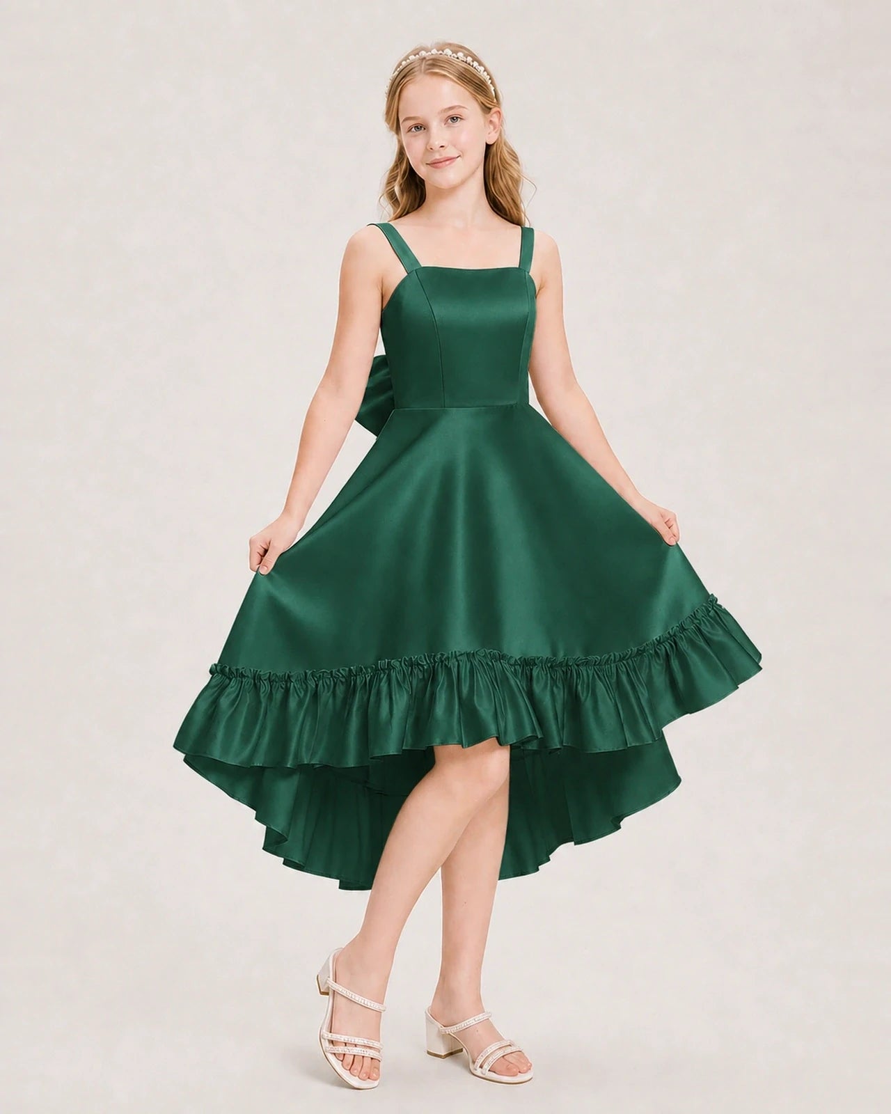 Dideyttawl Satin High-Low Junior Bridesmaid Dress with Bow