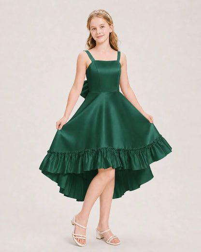 Dideyttawl Satin High-Low Junior Bridesmaid Dress with Bow