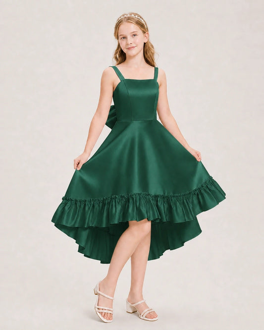 Dark Green Satin High Low Junior Bridesmaid Dresses Front View