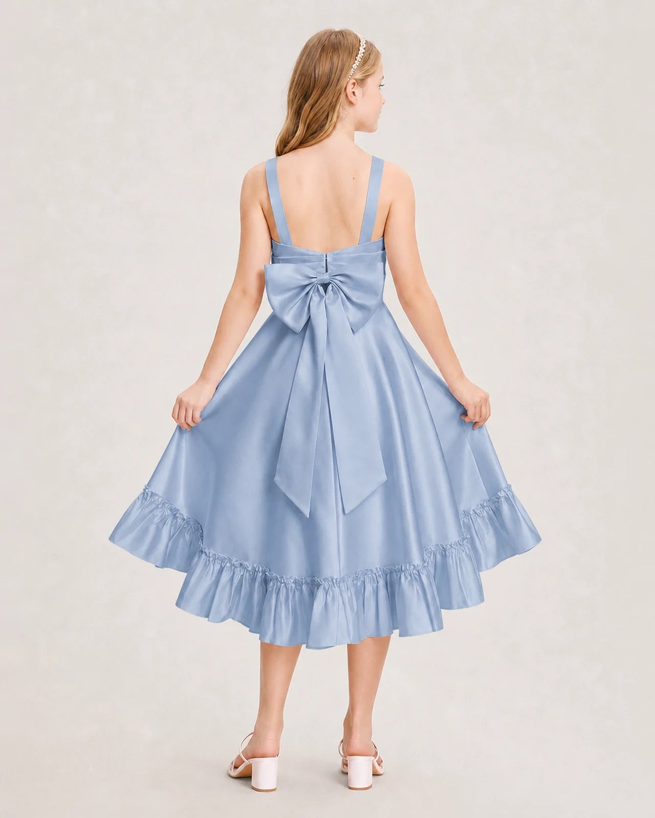 Dideyttawl Satin High-Low Junior Bridesmaid Dress with Bow