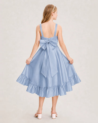 Dideyttawl Satin High-Low Junior Bridesmaid Dress with Bow
