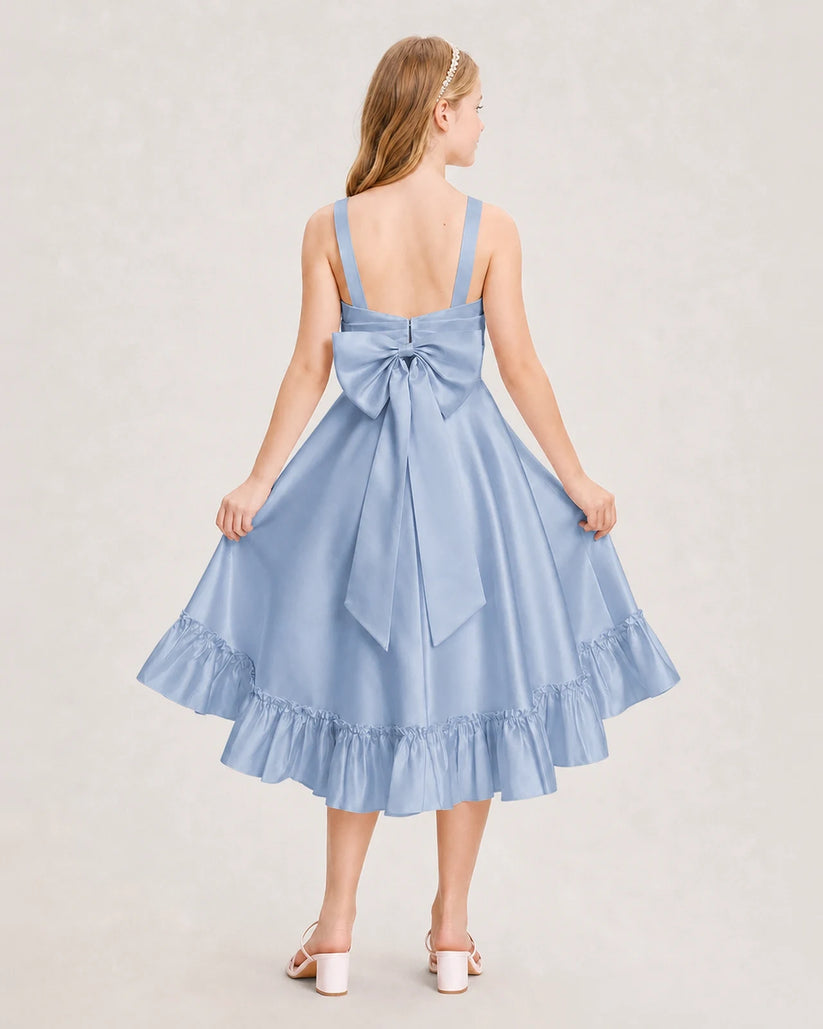 Dusty Blue Satin A-Line Junior Bridesmaid Dresses Back View