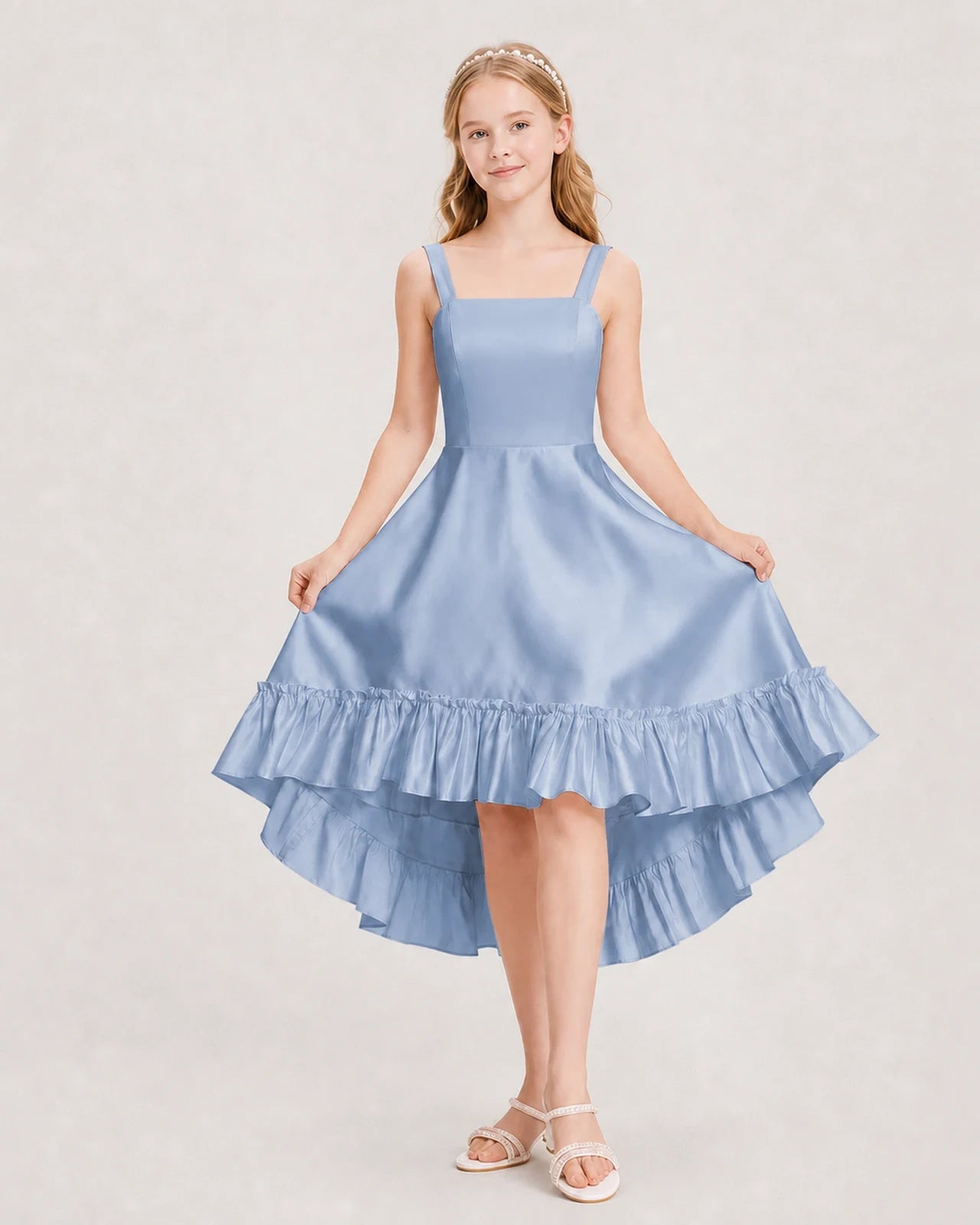 Dideyttawl Satin High-Low Junior Bridesmaid Dress with Bow