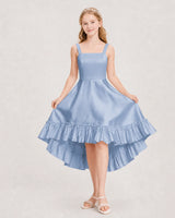 Dusty Blue Satin High Low Junior Bridesmaid Dresses Front View