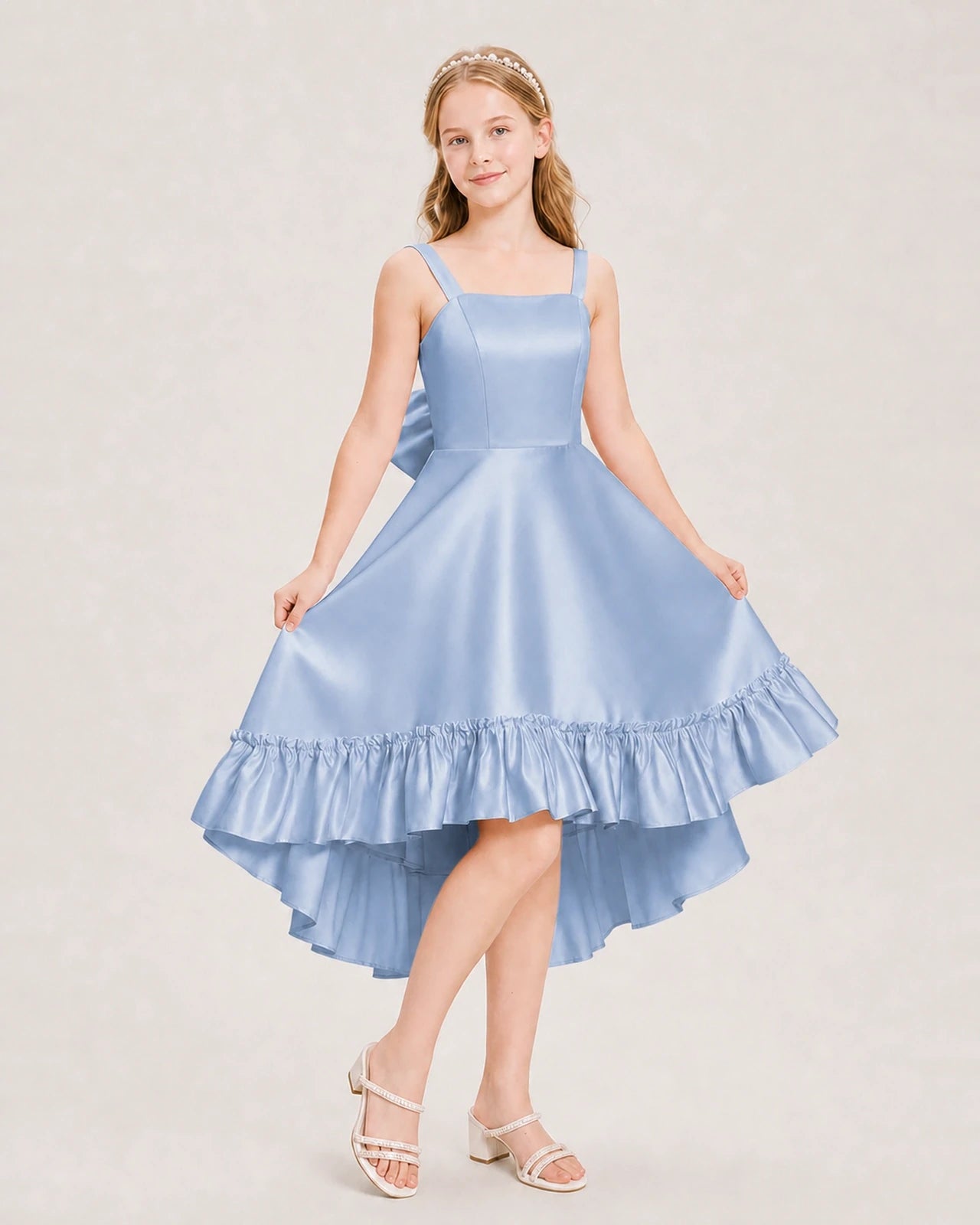 Dideyttawl Satin High-Low Junior Bridesmaid Dress with Bow