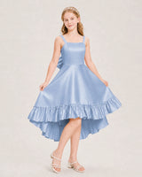 Dusty Blue Satin High-Low Junior Bridesmaid Dresses Front View