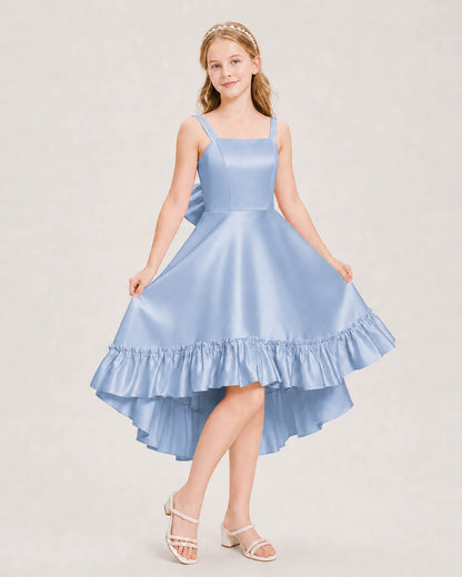 Dideyttawl Satin High-Low Junior Bridesmaid Dress with Bow