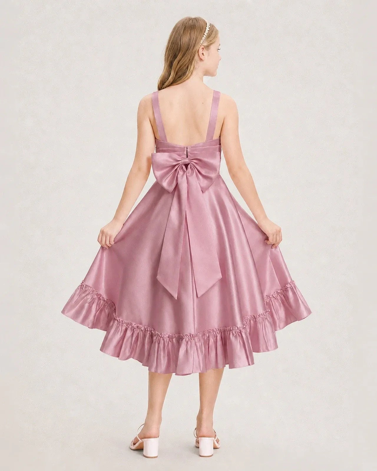 Dideyttawl Satin High-Low Junior Bridesmaid Dress with Bow