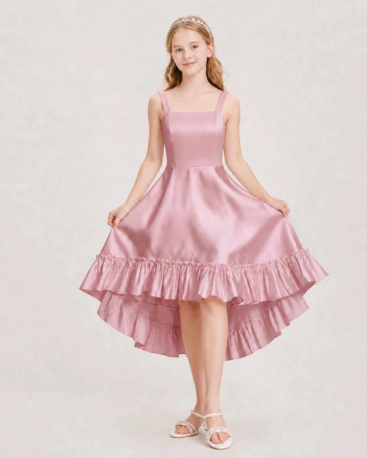 Dideyttawl Satin High-Low Junior Bridesmaid Dress with Bow