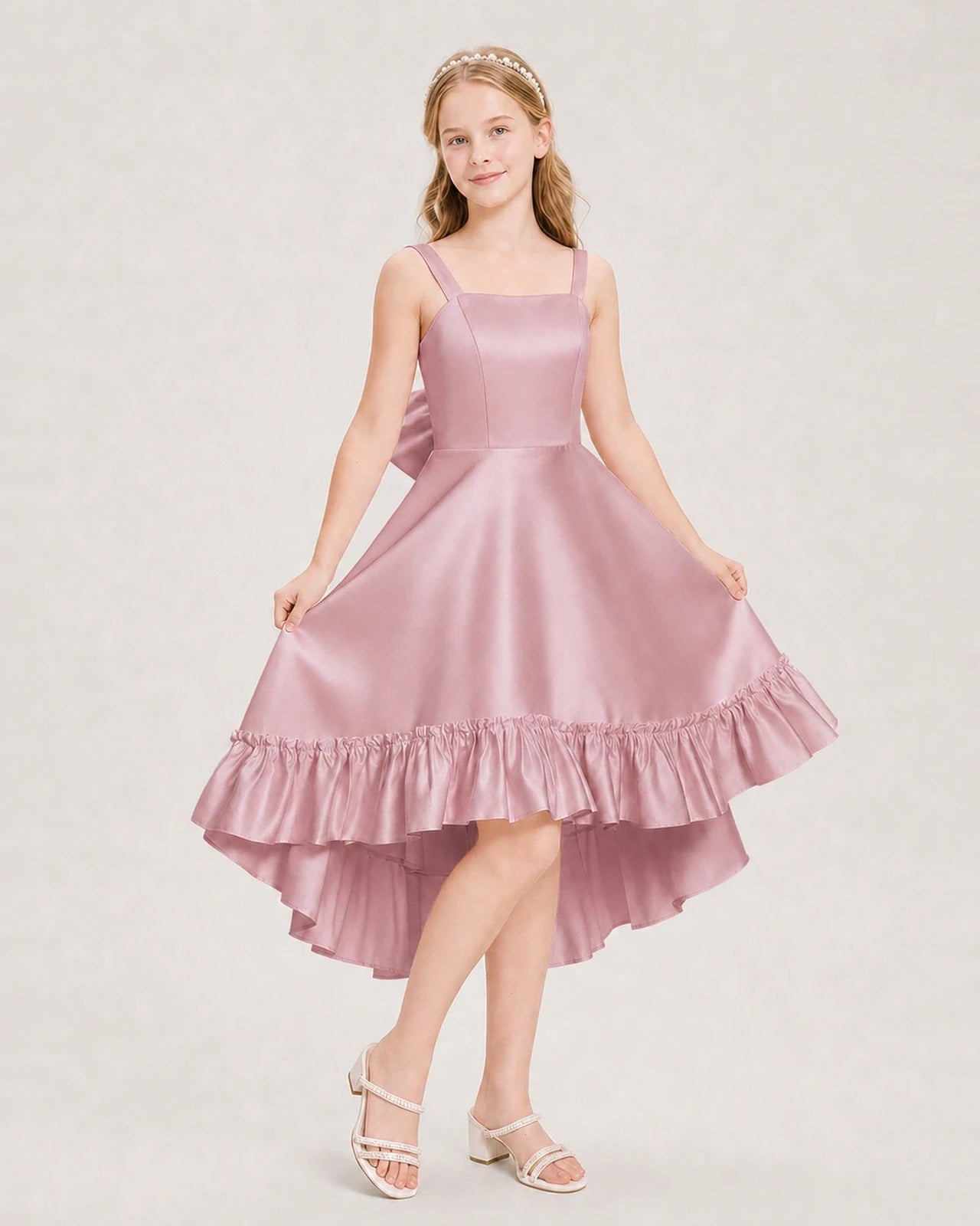 Dideyttawl Satin High-Low Junior Bridesmaid Dress with Bow
