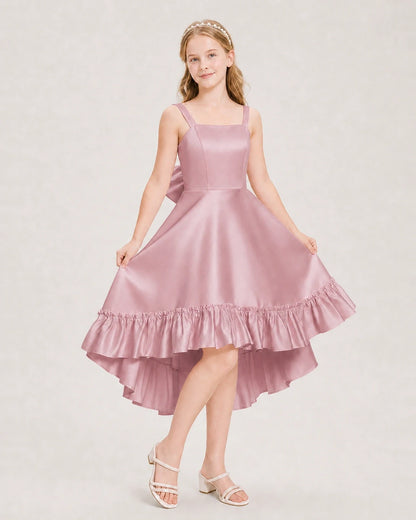 Dideyttawl Satin High-Low Junior Bridesmaid Dress with Bow